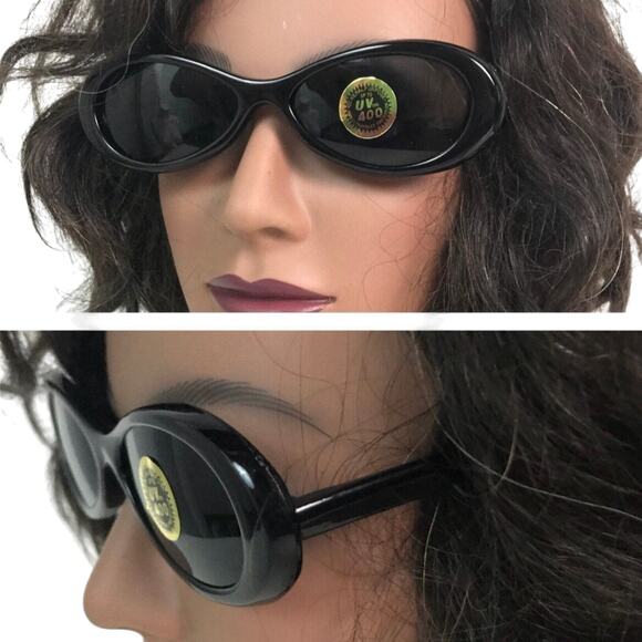 Deadstock 1990s Mod Black Oval Oversized Sunglasses Dark Lens - Picture 2 of 4